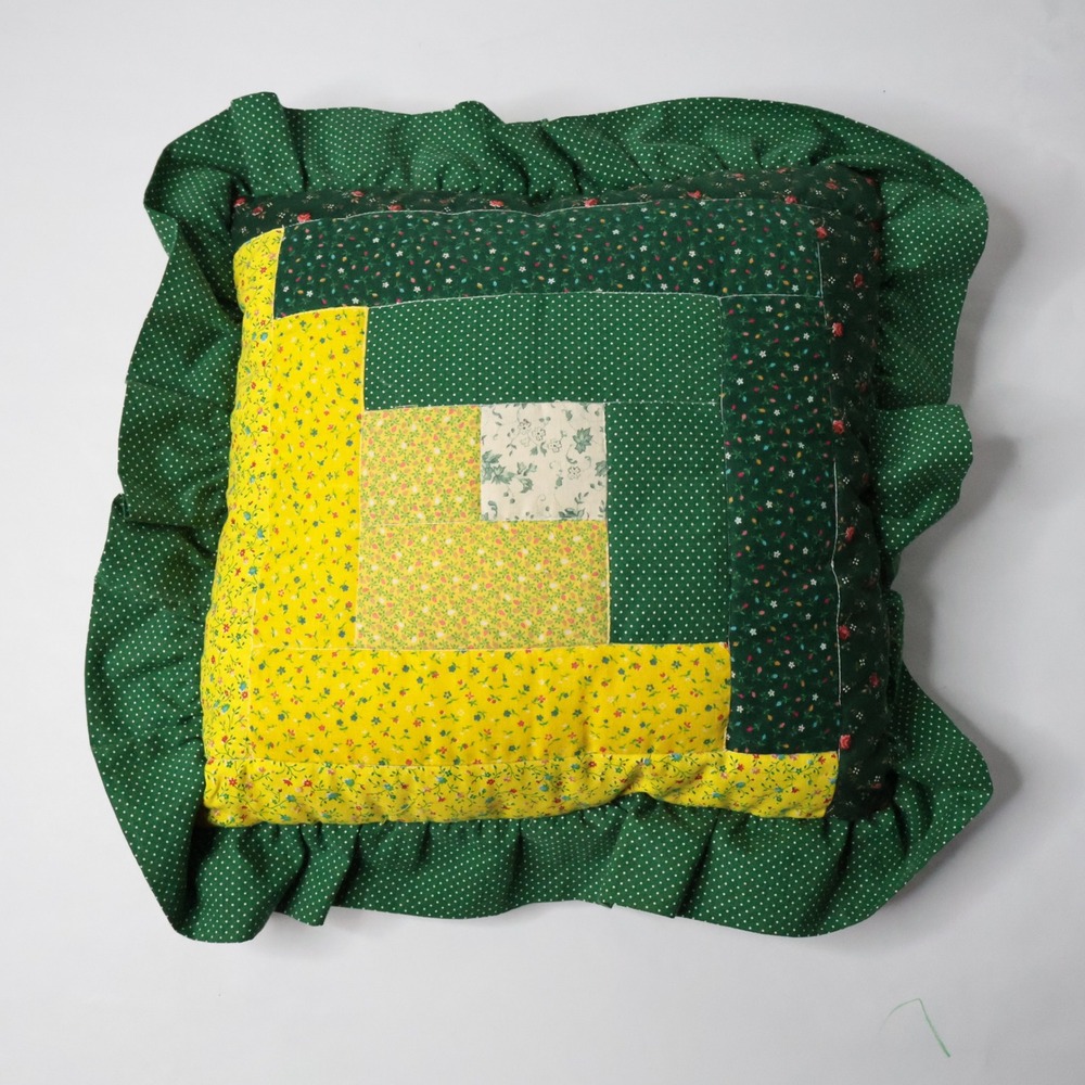 Handmade Log‎ Cabin Quilt Pillow Green Yellow Floral Farmhouse Throw Accent